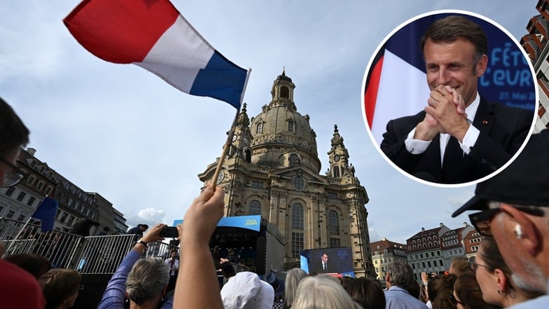 Auf dem Fest "Fête de l’Europe" vor der Frauenkirche hat Frankreichs Präsident Emmanuel Macron eine Rede an die Jugend halten.