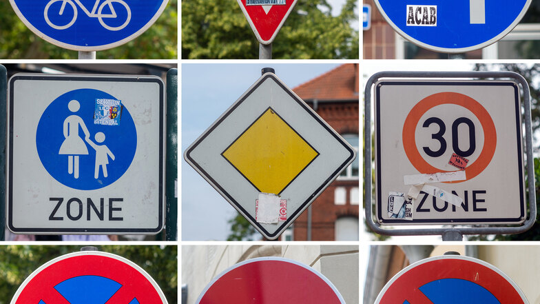 In den Städten  werden immer mehr Schilder und Verkehrszeichen durch Aufkleber und Schmierereien beschädigt.