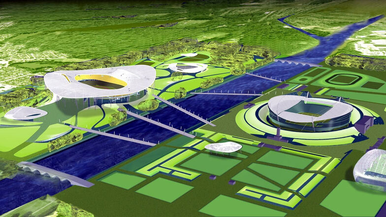 Die Pläne für den Olympiapark in Leipzig waren beeindruckend. Der Dresdner Architekt Peter Kulka entwarf das Olympiastadion (l.).