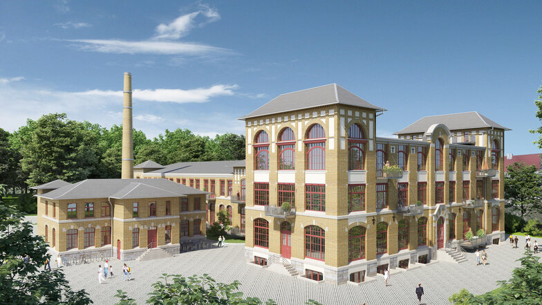 So soll sich die einstige Hengst-Fabrik in Pirna bald präsentieren: Im großen Hauptgebäude rechts und im kleinen Haus links entstehen 42 Wohnungen. Der Schornstein ragt auch weiter in den Himmel – er steht unter Denkmalschutz.