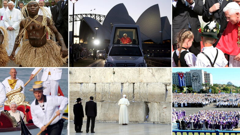 Die Kombo zeigt den damaligen Papst Benedikt XVI. bei verschiedenen Reisen. Oben von links: in Kamerun.2009, in Sydney 2008, in München 2006. Unten von links: in Venedig 2011, in Jerusalem 2009 und in Havanna 2012.