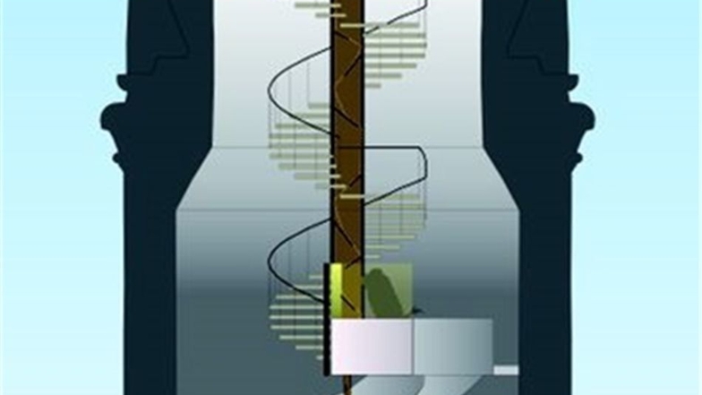 Die Visualisierung zeigt, wie die Treppe künftig im Turm bis zur Plattform führen soll – allerdings ohne Überdachung der Plattform, wie hier noch gezeigt.
