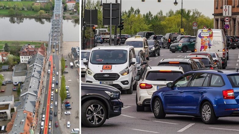 Seit einer Woche läuft der Verkehrsversuch auf und an dem Blauen Wunder in Dresden. Als Nadelöhr stellt sich der Körnerplatz dar, wo fünf Straßen münden. Das Foto rechts zeigt die Verkehrssituation am Montag, dem 8. April, morgens.