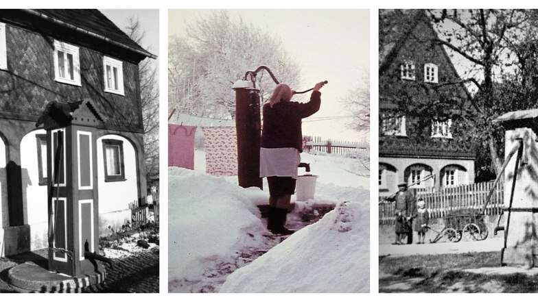 Wenn Waschtag war, kam um 1970 die Schwengelpumpe in Kottmarsdorf nicht zur Ruhe. Die Holzständerpumpe steht noch in Lauba (links), die andere stand in Cunewalde.