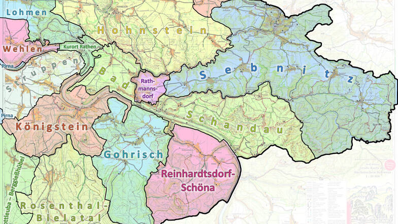 Gemeinden in der Sächsischen Schweiz mit ihren Grenzen: Das Kirnitzschtal gehört teils zu Bad Schandau, teils zu Sebnitz.