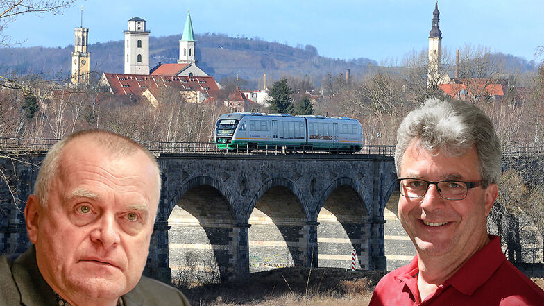 Großschönaus Bürgermeister Frank Peuker (r.) ärgert sich über Einschränkungen bei der Länderbahn. Zvon-Chef Hans-Jürgen Pfeiffer schlägt ein Gespräch vor.