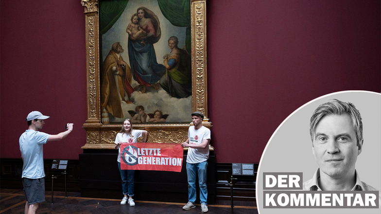 Sendungsbewussstein und Gewissheit: Klimaprotestler an der Sixtinischen Madonna in Dresden.