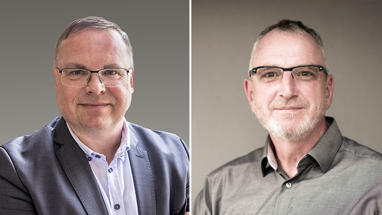 Zwei Kandidaten treten in Neukirch/Lausitz zur Bürgermeisterwahl an: Amtsinhaber Jens Zeiler (l.) und Herausforderer Torsten Sikora.
