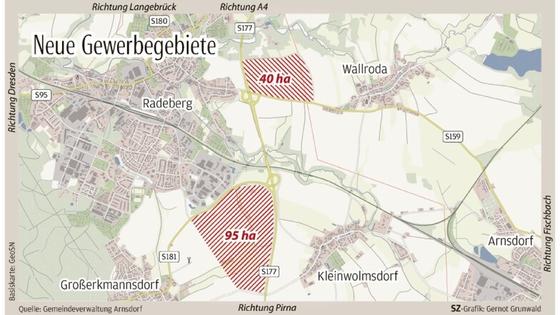 Über diese beiden neu geplanten Gewerbegebiete zwischen Radeberg und Arnsdorf sollen jetzt die Bürger abstimmen.