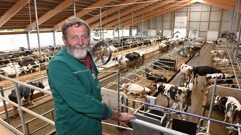 Wie auf der Kapitänsbrücke steht Vorstand Klaus Köhler auf dem Melkstand des neuen Kuhstalls der Agrargenossenschaft Reinholdshain in Oberhäslich.