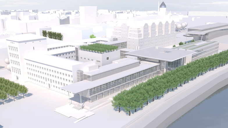 In der Mitte der begrünte Neubau, rechts der geplante Anbau: So soll der Landtag erweitert werden.