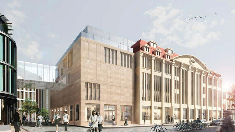 So soll das Kaufhaus einmal aussehen - Blick von der Struvestraße auf das Kaufhaus (rechts) und angeschnitten links das City-Center.