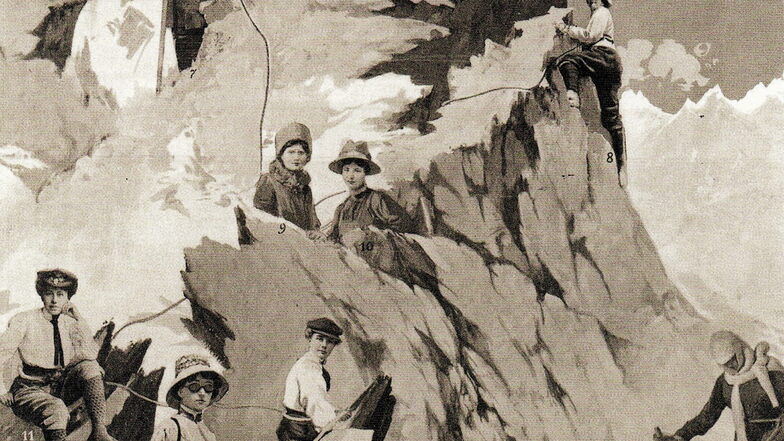 Elsbeth (1879–1947, Mitte rechts) und Margarete Große (1876–1951, daneben) waren 1911 in einer Collage unter den zehn besten Bergsteigerfrauen der Welt veröffentlicht worden.