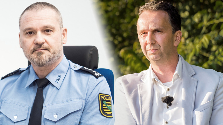 Riesas Polizeirevierleiter Andreas Wnuck (l.) und OB Marco Müller (r.).