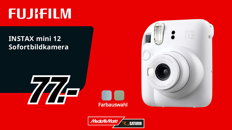 Sofortbildzauber mit der Fujifilm Instax Mini 12: Fang die schönsten Momente ein und halte sie sofort in deinen Händen fest. Diese und noch mehr Kameras für magische Momente gibt's zum verkaufsoffenen Sonntag, am 3. Dezember.
