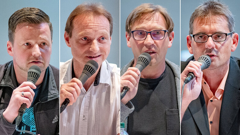 Die Bürgermeister-Kandidaten für Leisnig Enrico Tappert-Freitag, Karsten Müller, Carsten Graf und Rüdiger Schulze (von links) stellen sich den Fragen der Wähler.