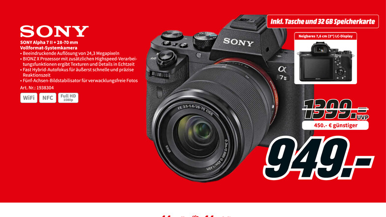 Sony Alpha 7 II + 28-70 mm Vollformat-Systemkamera nur 949€ statt 1.399€