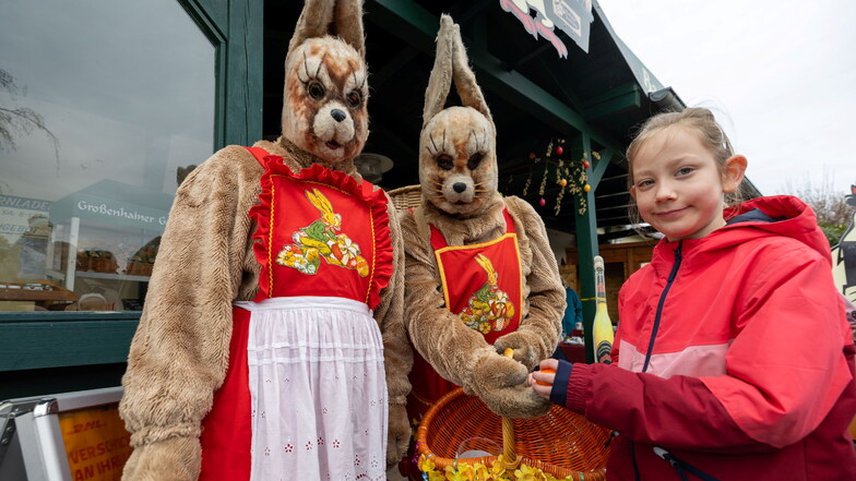 Der Großenhainer Geflügelhof feierte am Freitag auch ein liebevoll vorbereitetes Osterfest. Zur Freude aller Kinder dabei gleich zwei fleißige Osterhasen, die der  achtjährigen Rieke ein Ei schenkten.