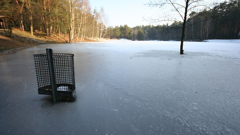 Diese Aufnahme entstand Anfang Februar 2011. Am Abfallbehälter, der aus dem Eis herausragt, ist bestens zu erkennen, wie hoch der Wasserstand im Teich damals war.