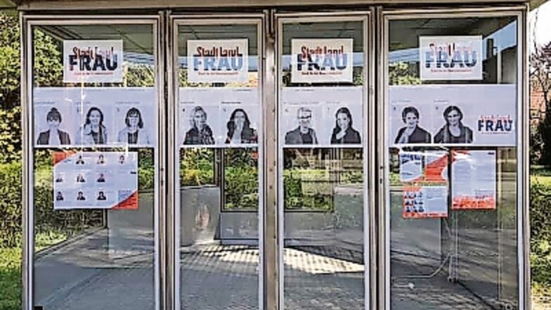 Verärgert reagierte das Kamenzer Rathaus auf diese Wahlwerbung der Frauenliste für die Stadtratswahl am 26. Mai. Der Kunstkiosk werde nicht vertragsgerecht genutzt, hieß es. An der Taxiwerbung der letzten Monate an dieser Stelle hatte man sich nicht gestö