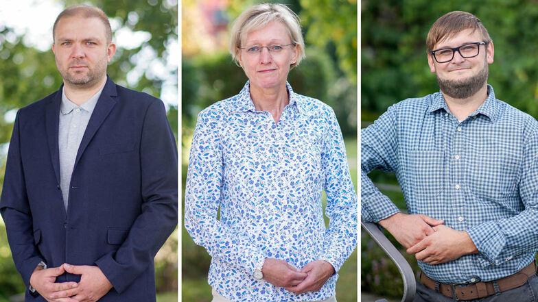 Steinigtwolmsdorf wählt einen neuen Bürgermeister. Alexander Zapke, Kathrin Gessel und David Wolf (von links) kandidieren für das Amt.