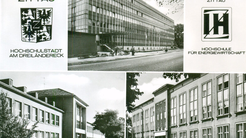 Diese Ansichtskarte von 1976 warb für Zittau als „Hochschulstadt am Dreiländereck“. Oben in der Mitte ist das inzwischen abgerissene Haus III zu sehen, unten links das Haus I, unten rechts das Haus II.