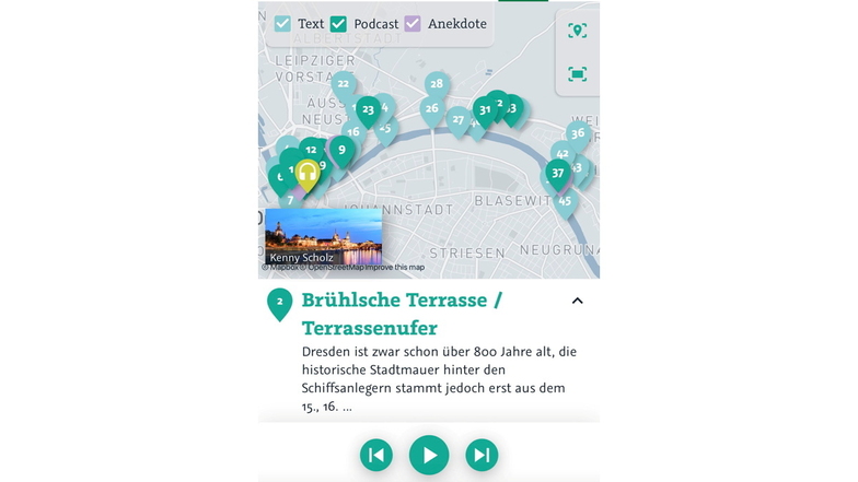 So sieht die interaktive Karte der künftigen App "WFS Ahoi" aus, bei der sich die Nutzer selbst durch die Bauwerke am Uferrand navigieren kann.