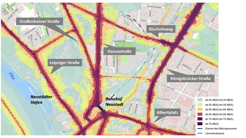 Äußere Neustadt und Leipziger Vorstadt: Viel Lila zeigen die Königsbrücker Straße und Hansastraße.  (Tag-Abend-Nacht-Lärmindex durch Straßenverkehr)