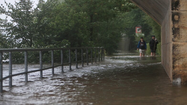 Riskanter Spaziergang in der reißenden Strömung Zwei Jungen laufen im knietiefen Wasser auf dem Elberadweg unter der Stadtbrücke hindurch.