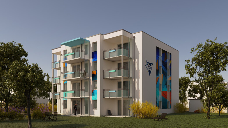 Das Bild zeigt die künftige Südecke des Neubauprojektes der LebensRäume zwischen Mann- und Weinertstraße. Die Balkone weisen zum jetzigen Haus der Parität.