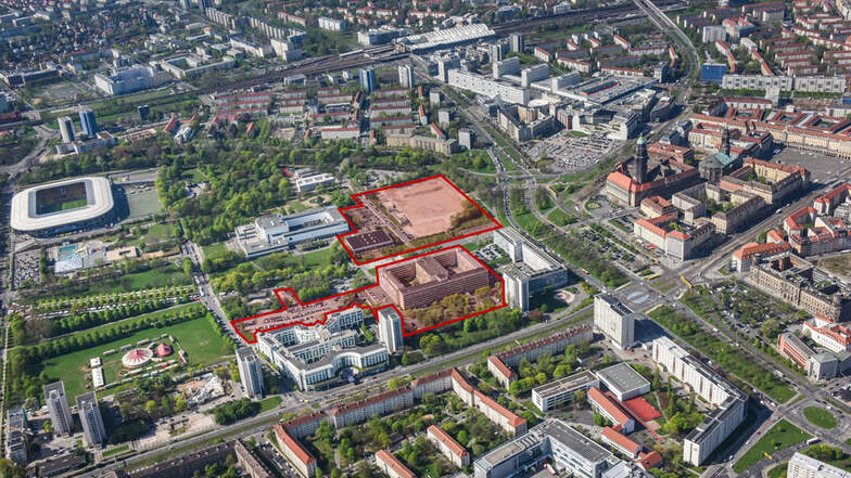 Die rot markierten Flächen hat die Gerchgroup  in der Lingnerstadt erworben.