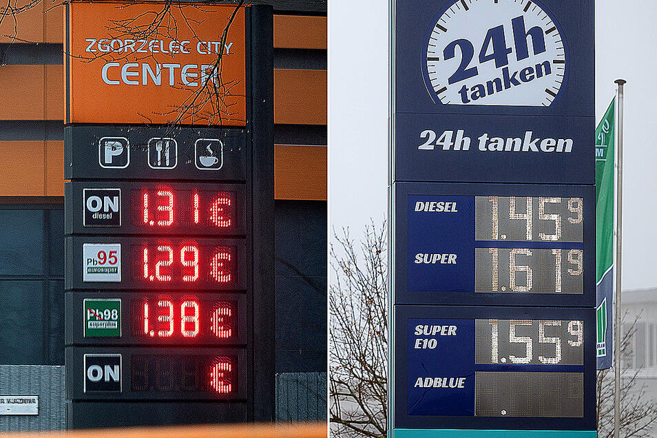 Stacja benzynowa w centrum miasta Zgorzelec (po lewej): Tutaj benzyna kosztuje w poniedziałek 1,29 euro, a w Neißepark Görlitz 1,62 euro.