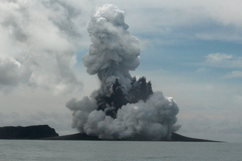 Ash and volcanic gases arise after a volcanic eruption under the sea in the island kingdom of Tonga.